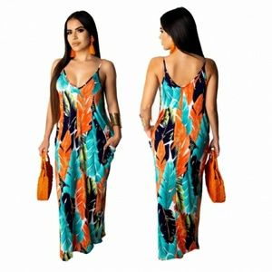 Print Straps Long Pocket Dress-Leaves